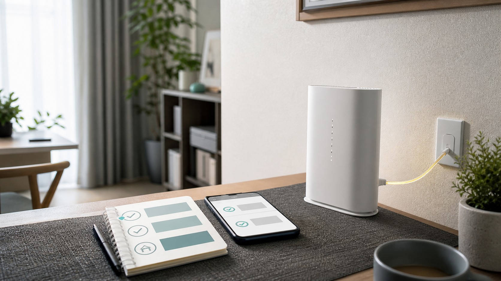 自宅のWi-Fiルーターとスマートフォン、チェックリストを並べて光回線の条件を確認するデスク