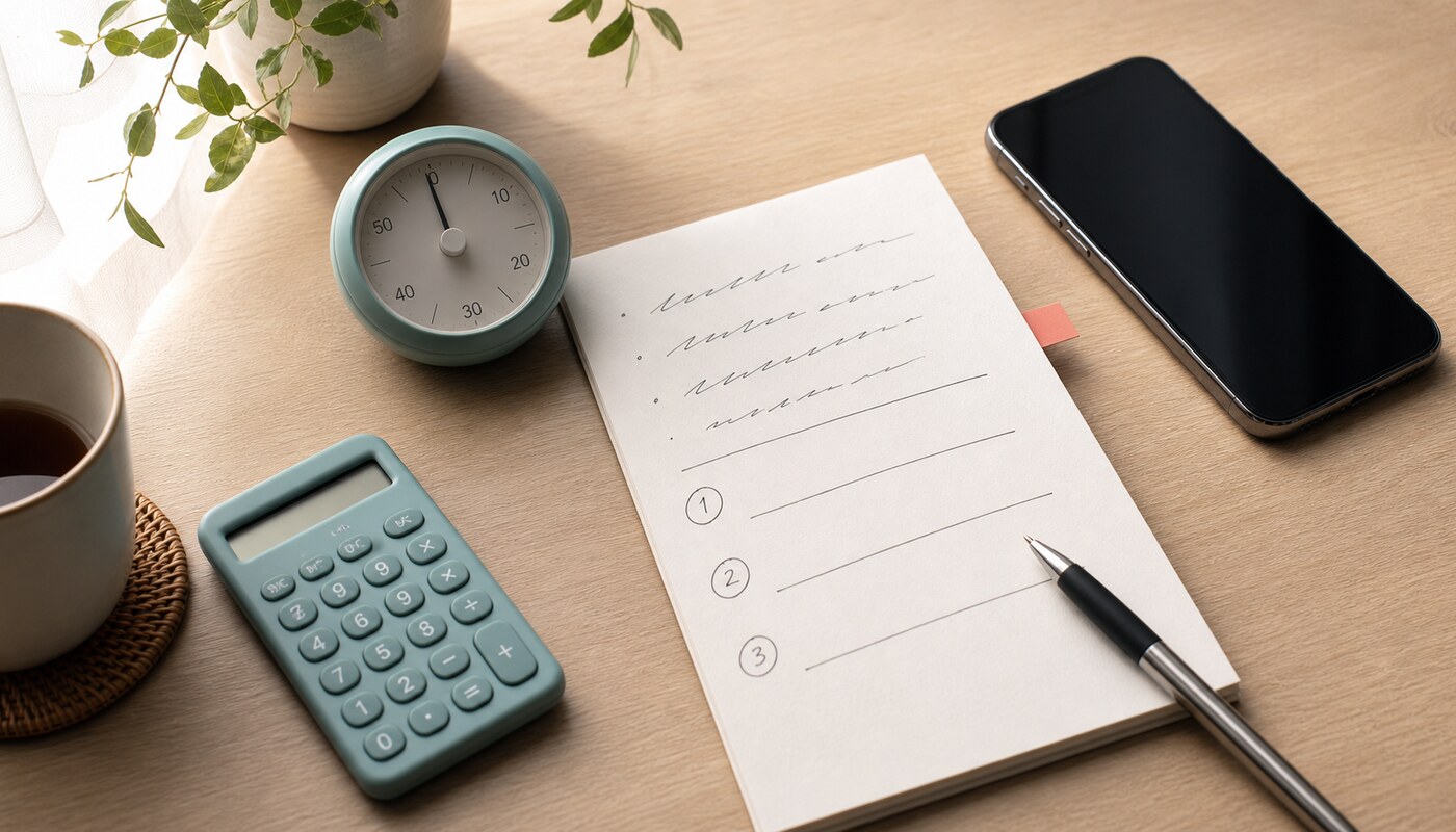 スマートフォン、タイマー、電卓、相談メモを机に並べて電話前の準備をするイメージ