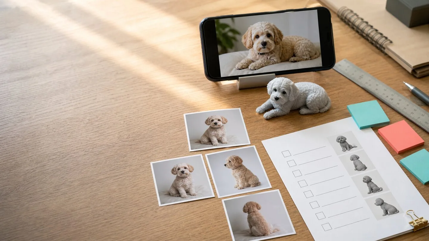 スマートフォンの犬の写真、複数角度の写真、フィギュアとメモを机に並べた準備のイメージ
