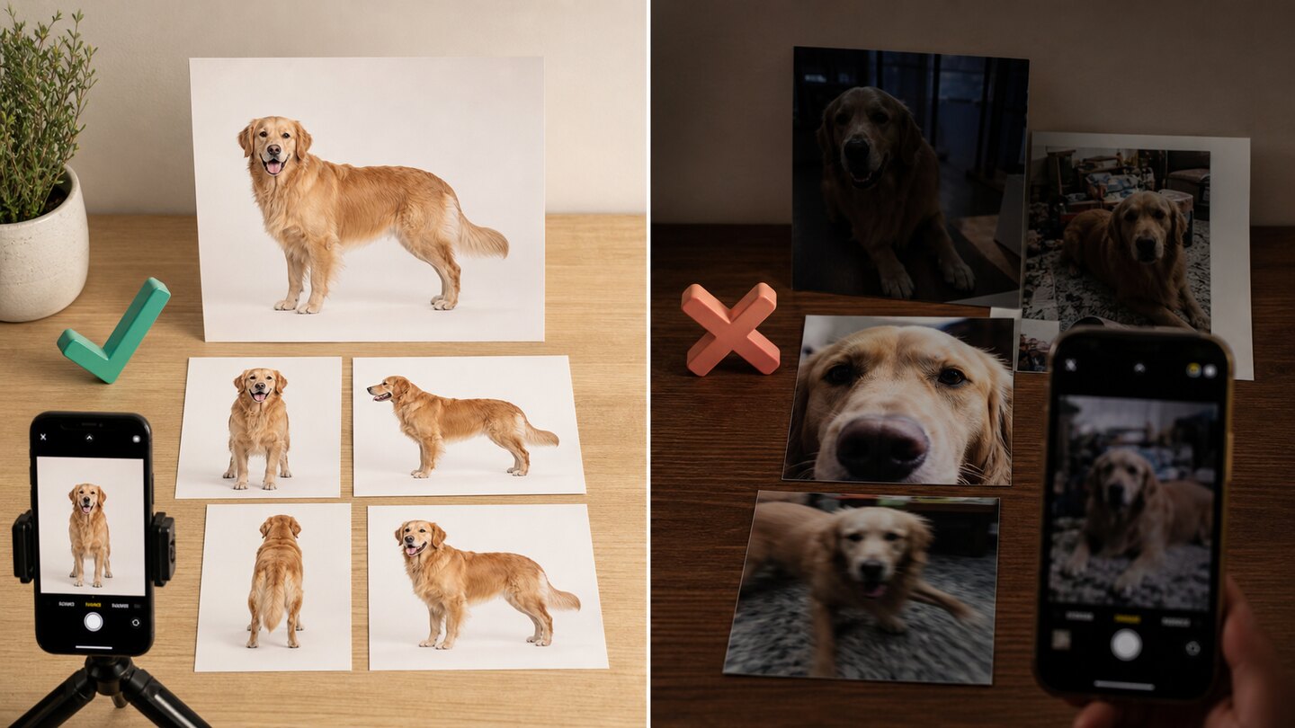 良い写真は全身と複数角度が明るく写り、悪い写真は暗い・顔だけ・背景が散らかっていることを比較する写真準備ボード