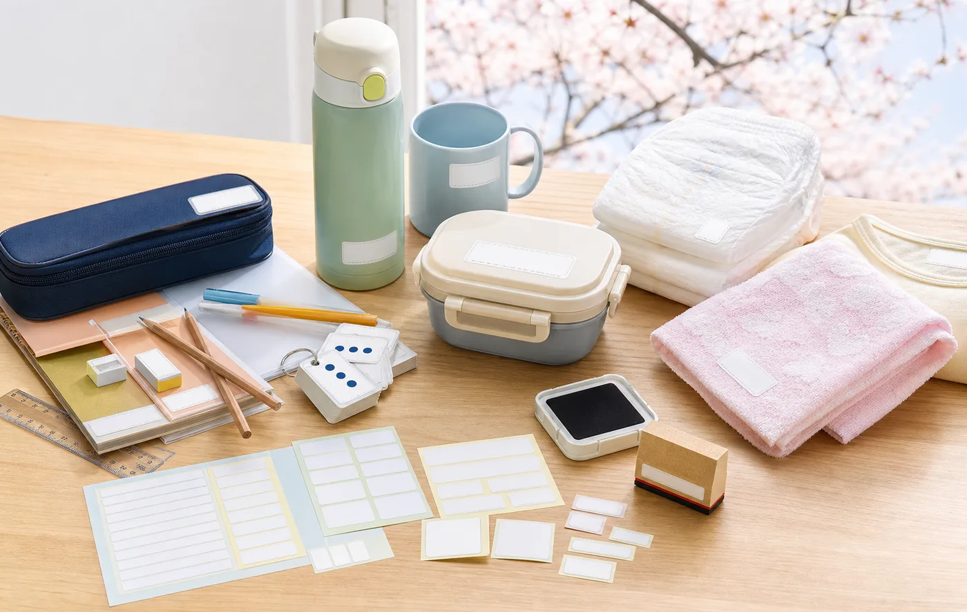 入園入学に備えた水筒、弁当箱、文具、タオルと名前付け道具のイメージ