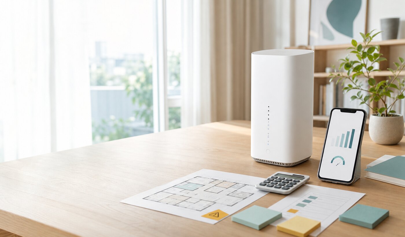 ホームルーター、スマートフォン、間取り図、計算機を机に並べて申し込み前条件を確認する様子