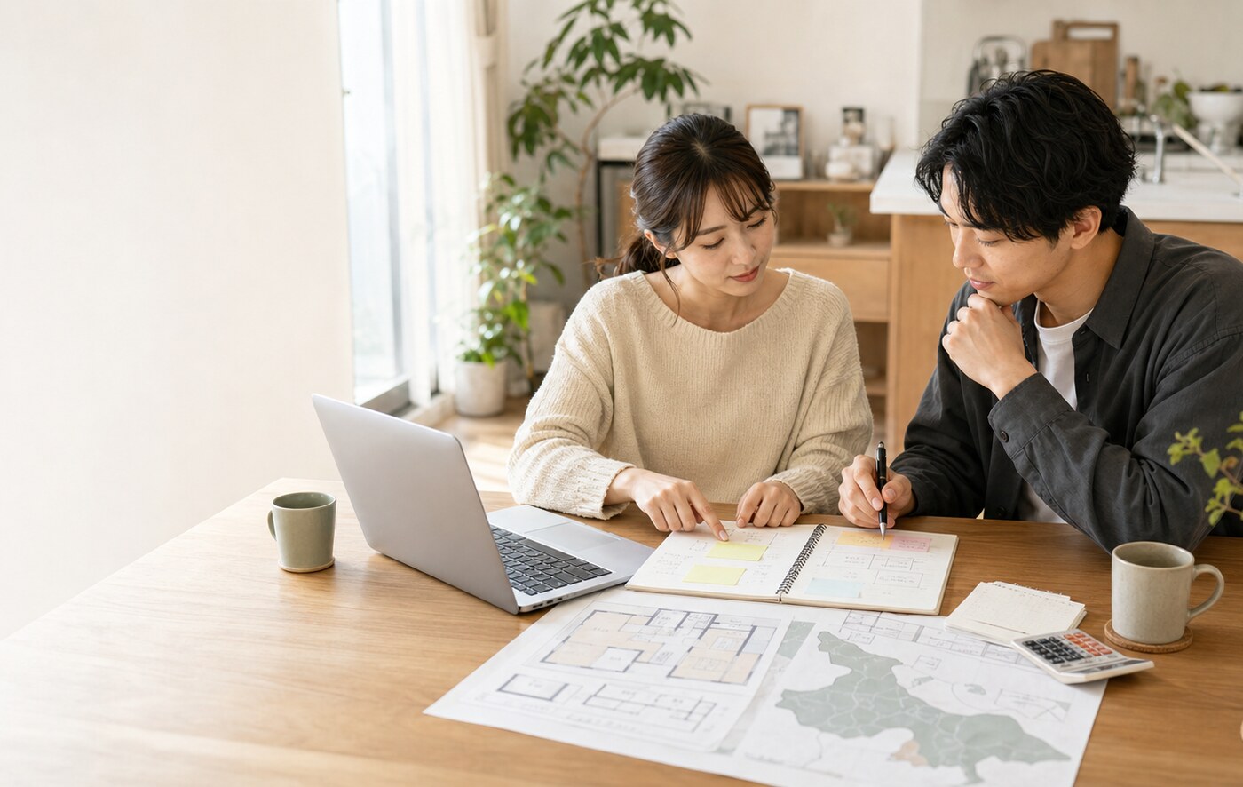 家づくりの予算、土地、相談内容をノートと図面で整理している夫婦の写真